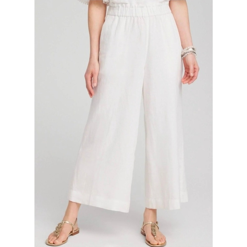 NWT Chico's White 100% Linen‎ Pull On Crop Culotte Wide Leg Pants Size 4 20 plus